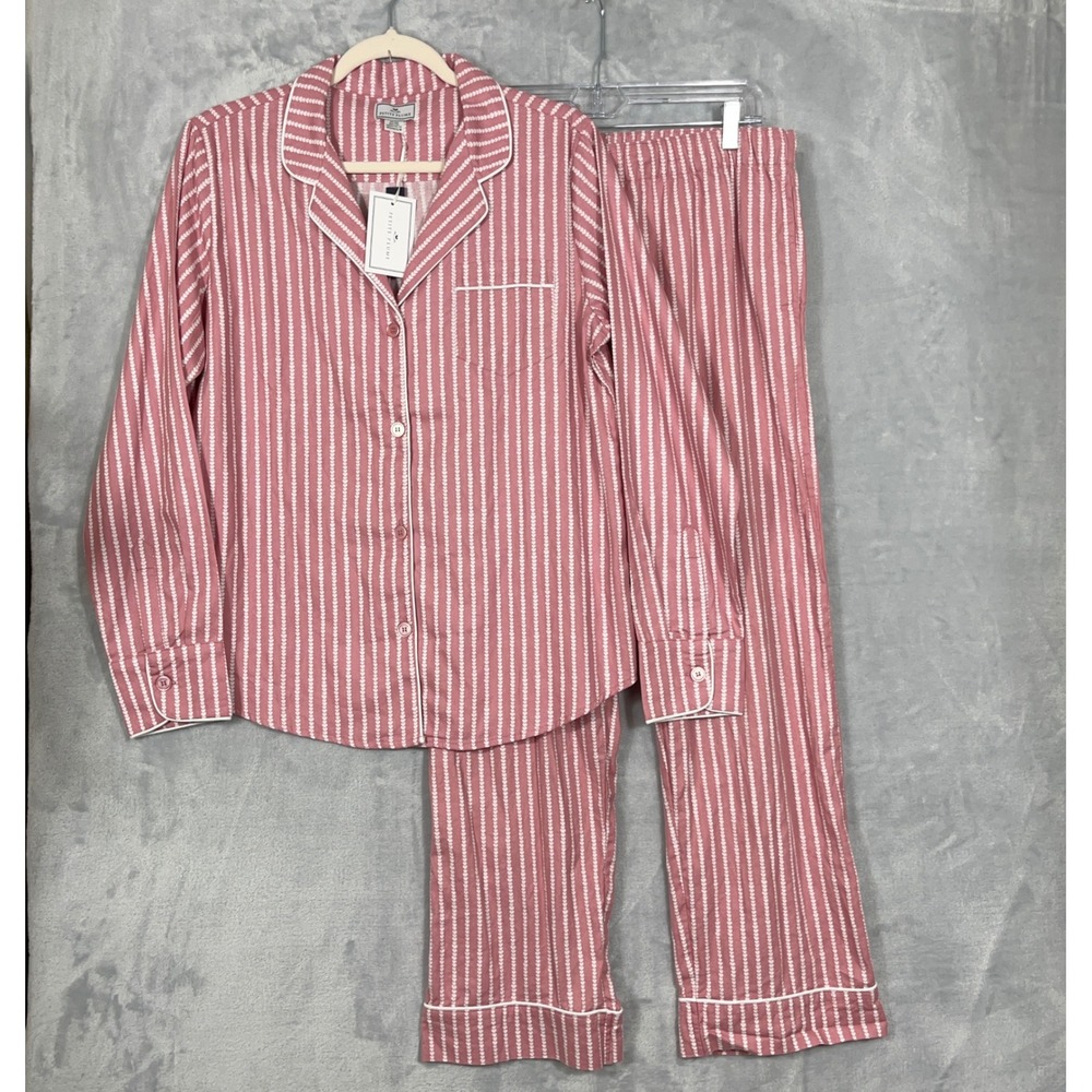 Petite Plume Womens Pajama Set M Pink Heart Stripe Cotton Pockets NWT